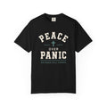 Black Christian T-shirt featuring a “Peace Over Panic—His Peace Still Stands” design with a cross on a plain white background.