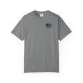 Gray crew-neck Christian T-shirt front mockup with small navy distressed 1776 American flag chest graphic.