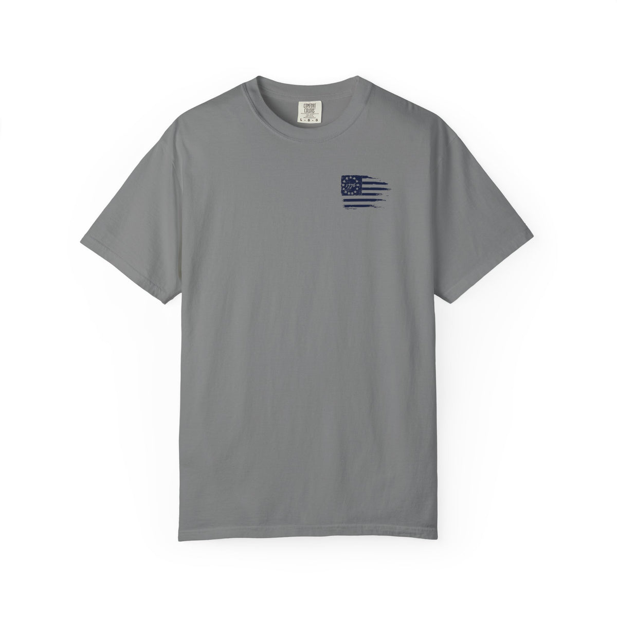 Gray crew-neck Christian T-shirt front mockup with small navy distressed 1776 American flag chest graphic.