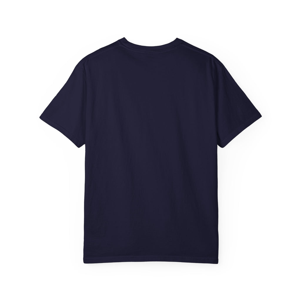 Back view of a plain navy crewneck T-shirt showing the garment's unprinted back.