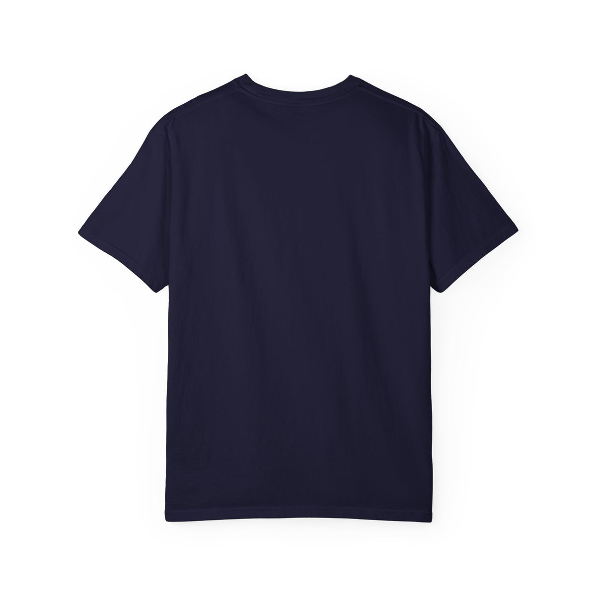 Back view of a plain navy crewneck T-shirt showing the garment's unprinted back.