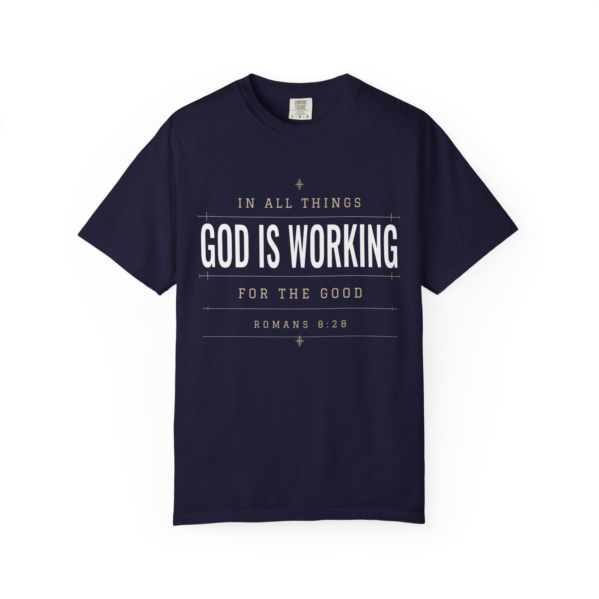 Navy blue Christian T-shirt featuring “In All Things, God Is Working for the Good” with Romans 8:28 on a plain white background.