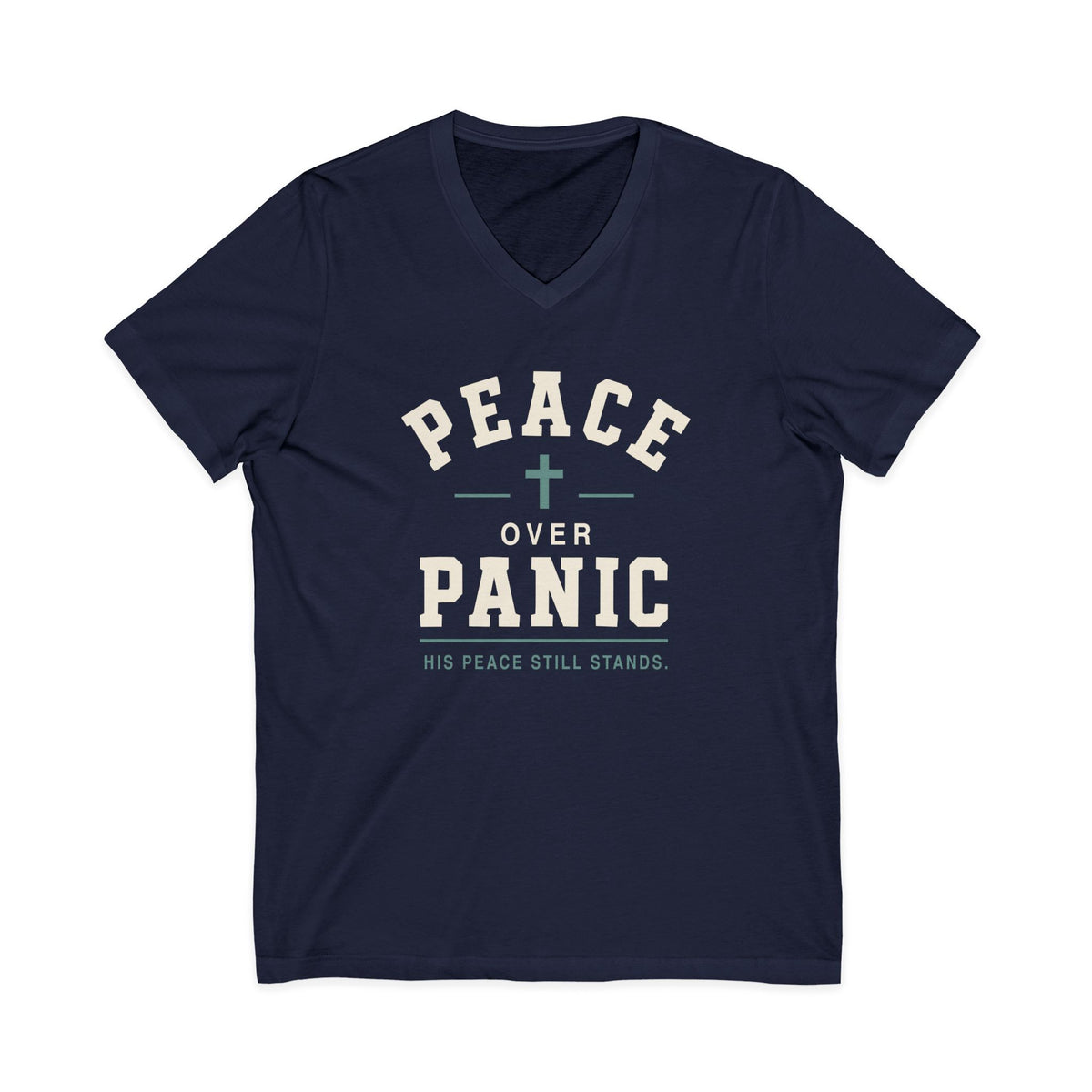 Navy V-neck t-shirt with a graphic on the front reading 'PEACE OVER PANIC' and 'HIS PEACE STILL STANDS' with a cross, displayed on a solid white background.
