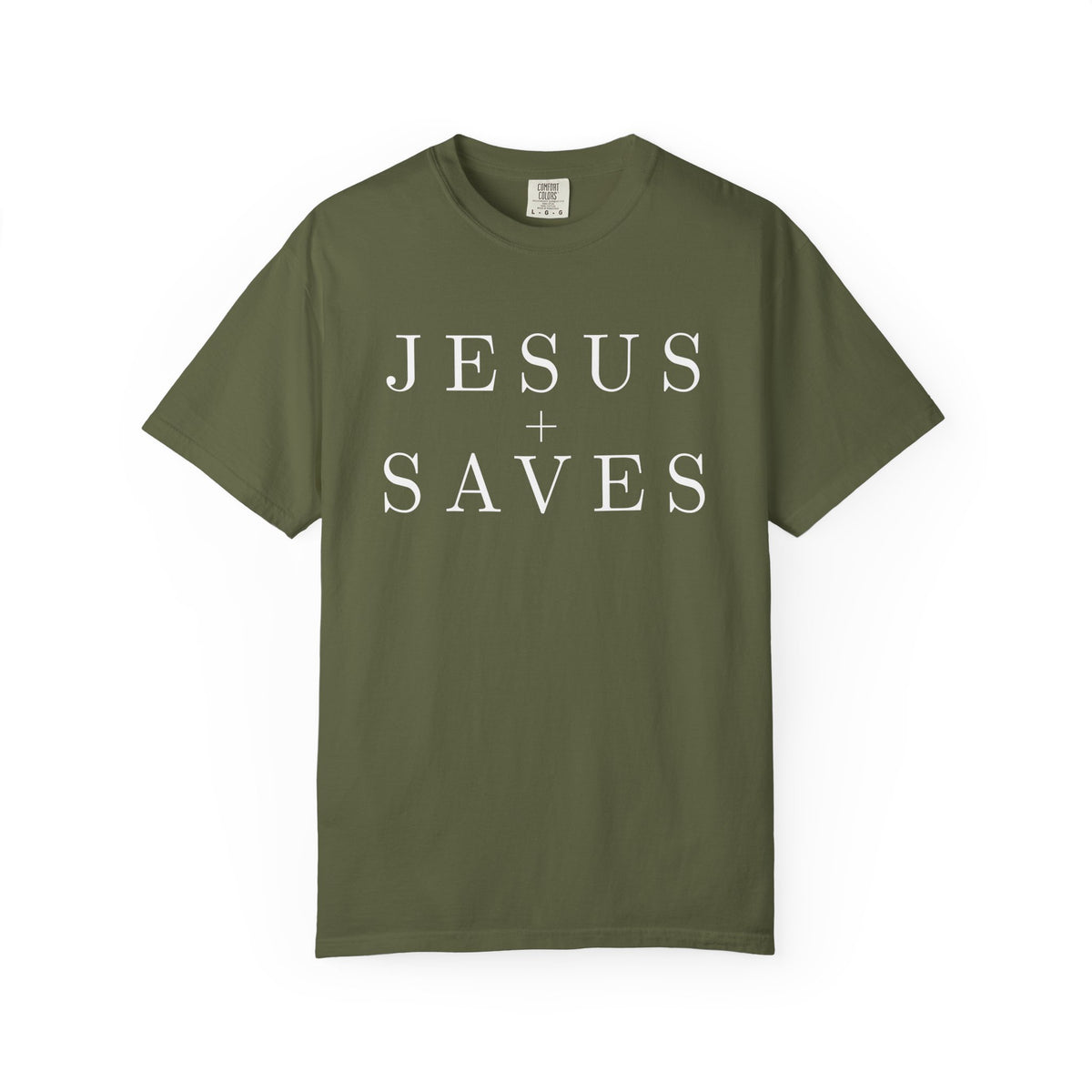 Olive green Christian T-shirt featuring a minimalist white “Jesus Saves” serif typography design with decorative detail.