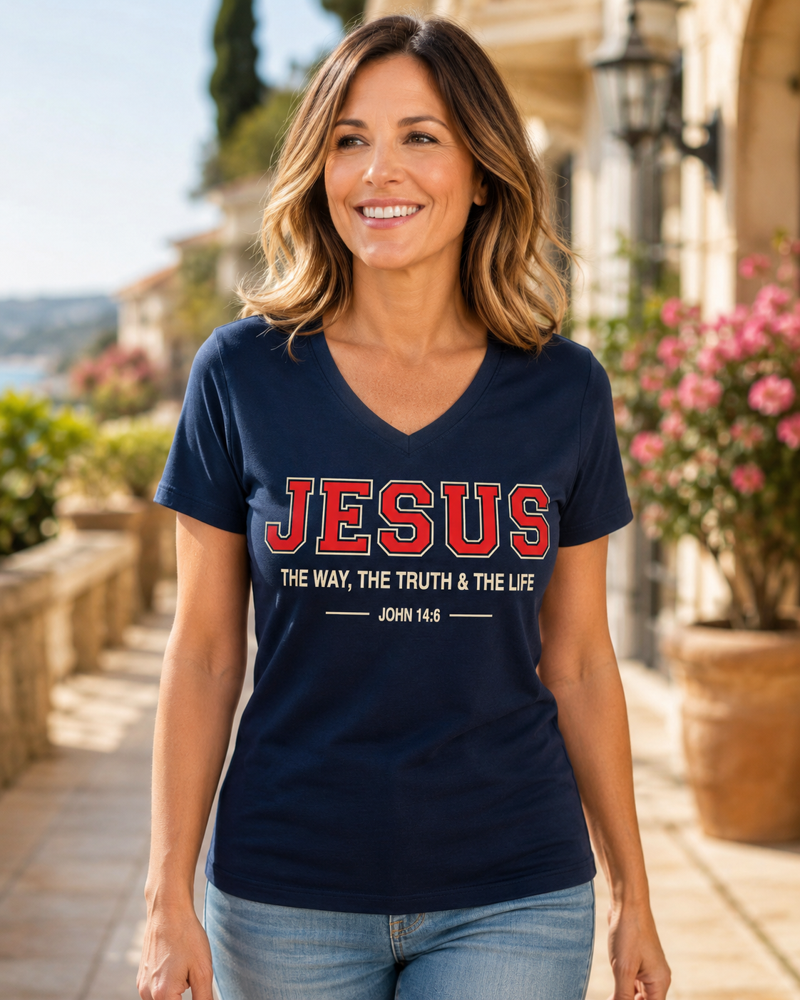 A woman wearing a navy blue V-neck t-shirt with a graphic that reads 'JESUS THE WAY, THE TRUTH & THE LIFE JOHN 14:6' in red and white, standing outdoors on a sunny stone walkway.