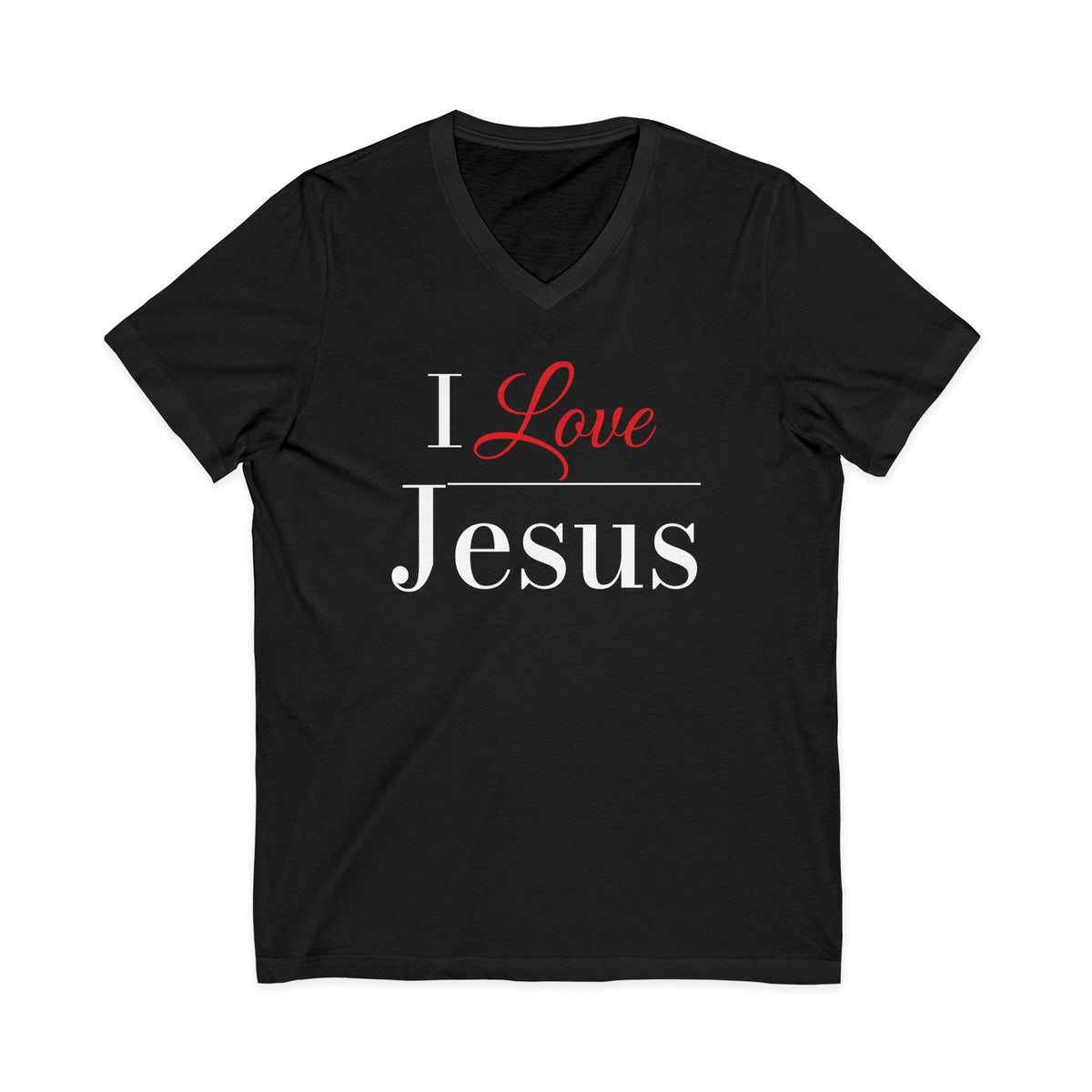Black V-neck Christian T-shirt featuring an “I Love Jesus” design in white and red on a plain white background.
