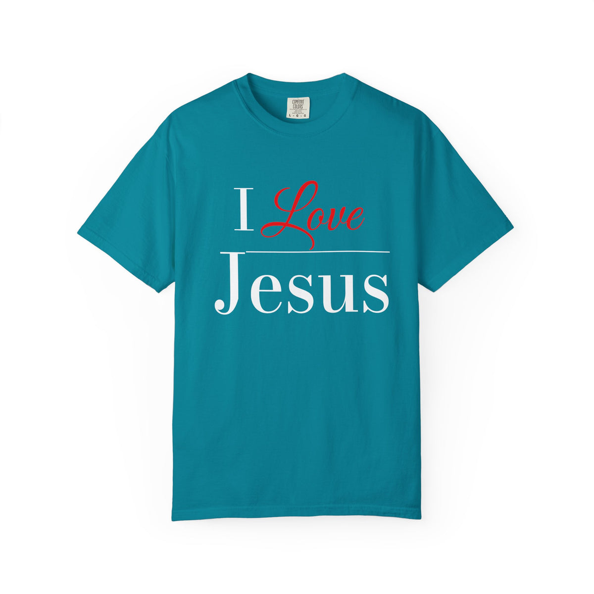 Teal crewneck t-shirt with a graphic print on the chest reading 'I Love Jesus' in white and red text, displayed flat against a white background.