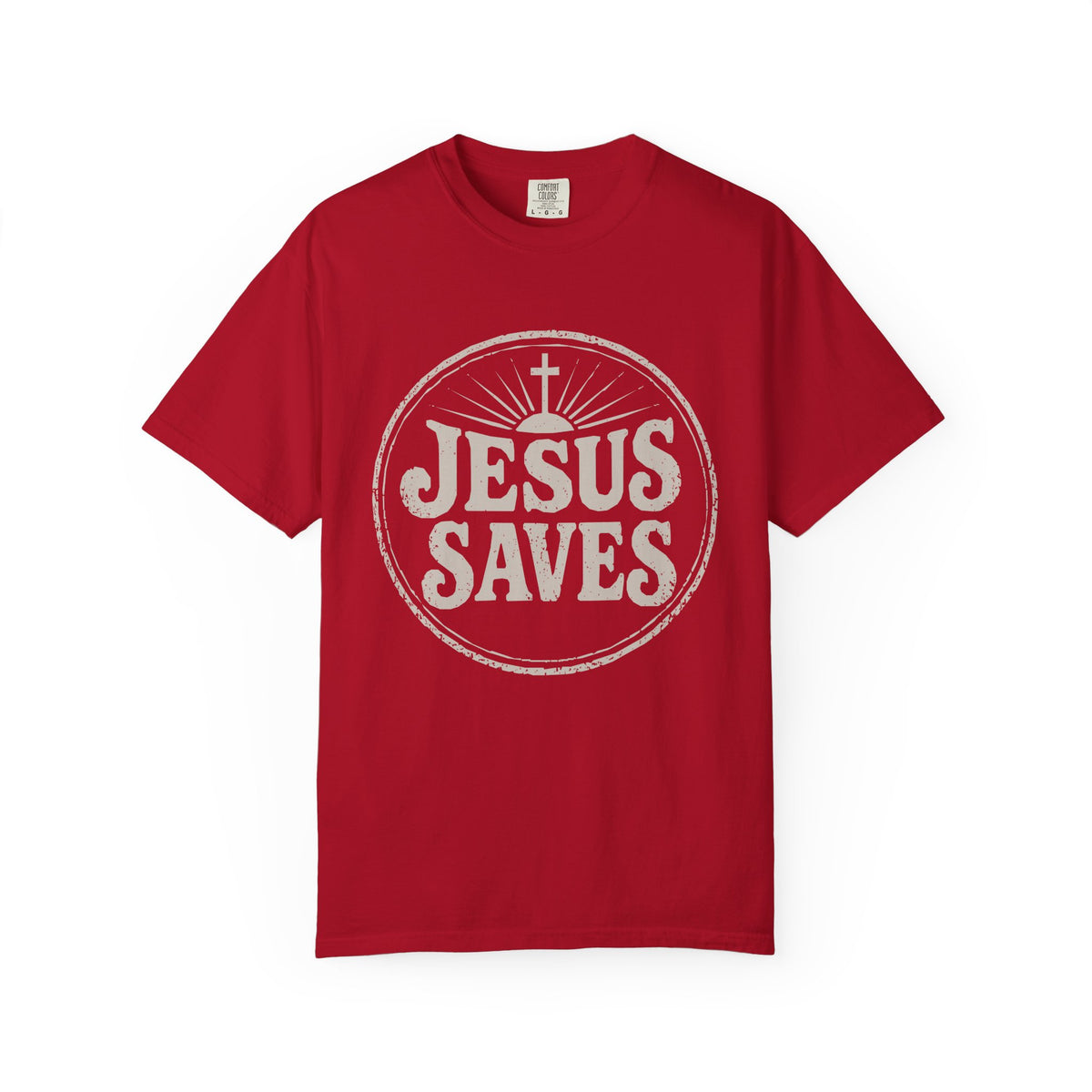 Red Christian T-shirt featuring a vintage “Jesus Saves” design with a cross on a plain white background.