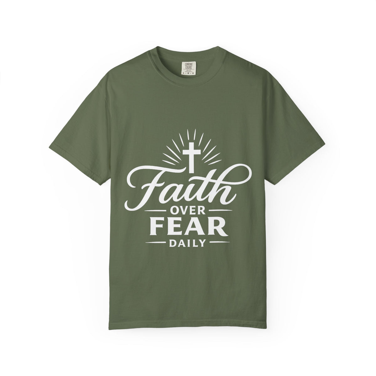 Olive green Christian T-shirt featuring a white “Faith Over Fear Daily” design with a cross on a plain white background.
