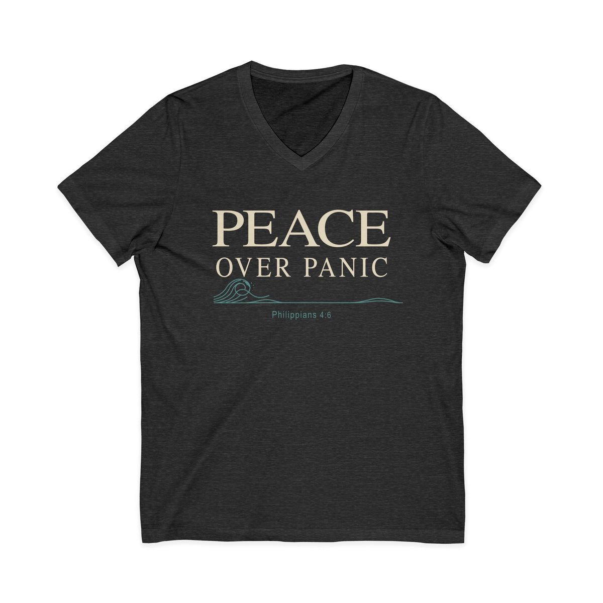 Dark gray V-neck Christian T-shirt featuring a “Peace Over Panic” design with a wave and Philippians 4:6 on a plain white background.