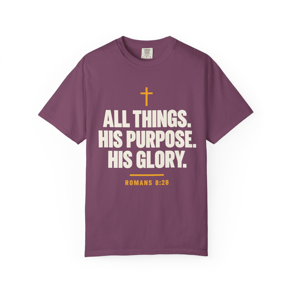 Plum Christian T-shirt featuring “All Things. His Purpose. His Glory.” with a cross and Romans 8:28 on a plain white background.