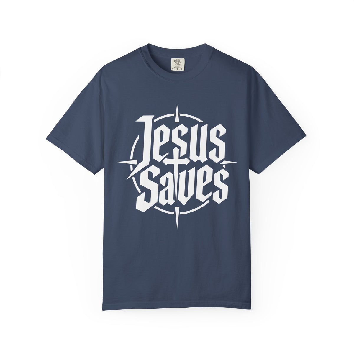 Light blue Christian T-shirt featuring a bold white “Jesus Saves” typographic compass design on a plain white background.