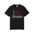 Black crewneck t-shirt with a graphic print on the chest reading 'I Love Jesus' in white and red text, displayed flat against a white background.