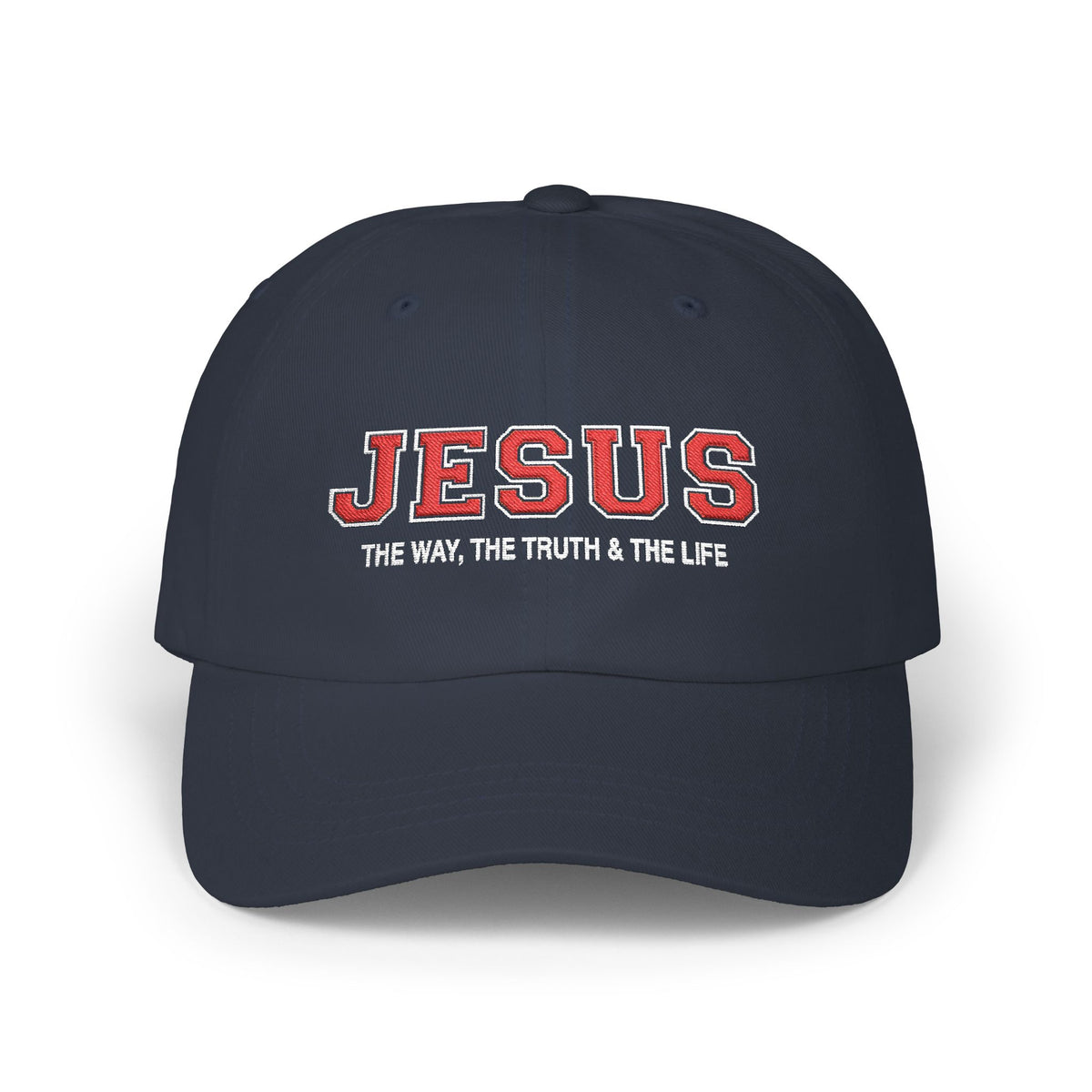 Navy Jesus Christian baseball hat embroidered with red JESUS lettering and “The Way, The Truth & The Life” on a plain white background