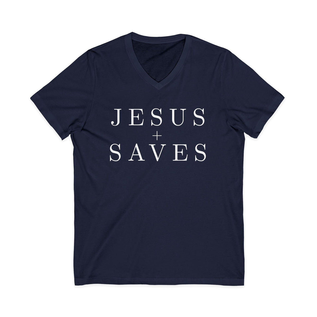 Navy blue V-neck Christian T-shirt featuring a minimalist white “Jesus Saves” design with a cross on a plain white background.