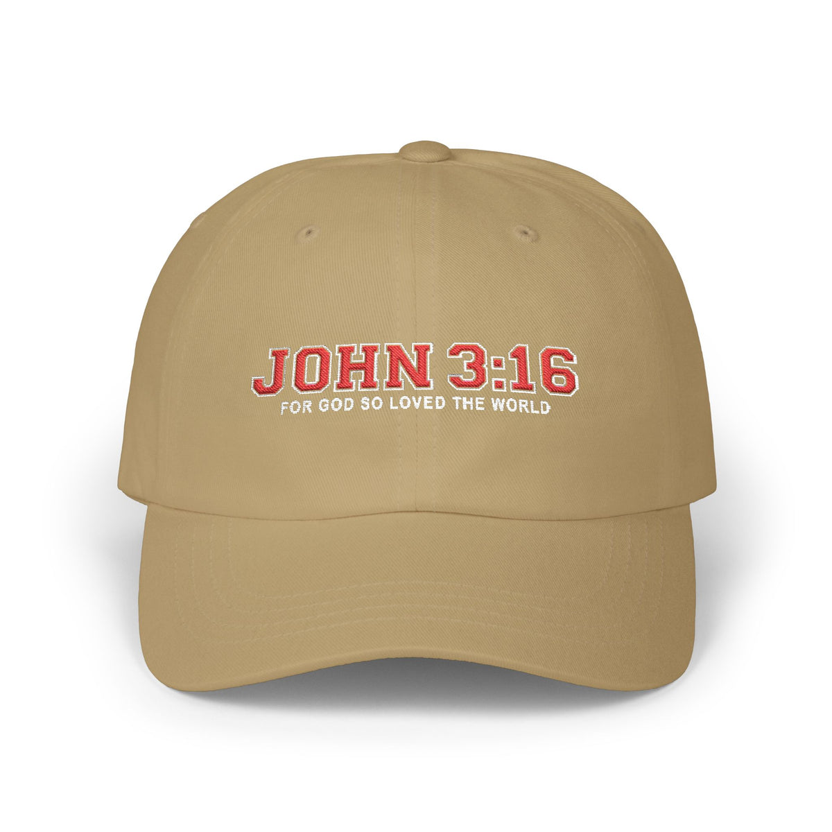 A tan baseball cap with 'JOHN 3:16 FOR GOD SO LOVED THE WORLD' embroidered on the front in red and white, shown against a plain white background.