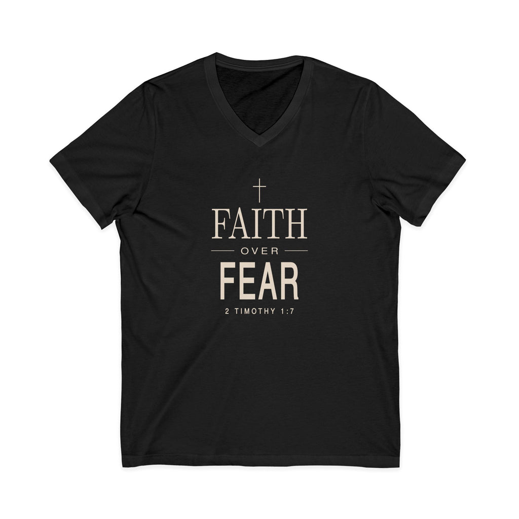 Black V-neck Christian T-shirt featuring a “Faith Over Fear” design with a cross and 2 Timothy 1:7 on a plain white background.