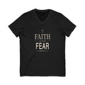 Black V-neck Christian T-shirt featuring a “Faith Over Fear” design with a cross and 2 Timothy 1:7 on a plain white background.