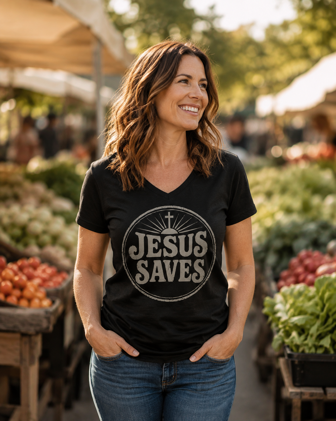 A woman wearing a black V-neck t-shirt with a distressed white graphic that reads 'JESUS SAVES' inside a circle with a cross, standing in a blurred outdoor farmers market.