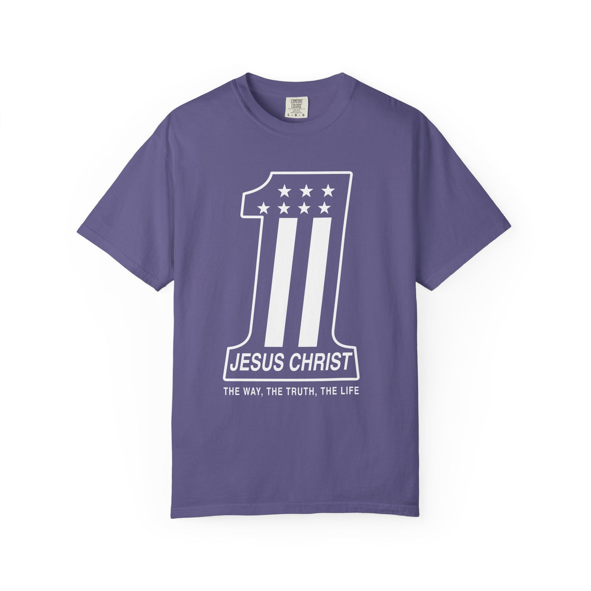 Purple Christian T-shirt featuring a number one Jesus Christ design and “The Way, the Truth, the Life” on a plain white background.