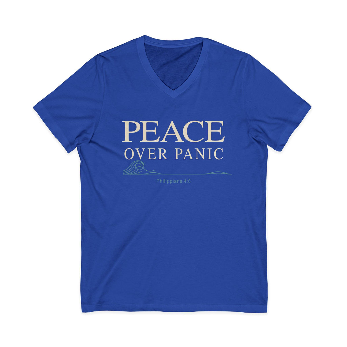 Royal blue V-neck Christian T-shirt featuring a “Peace Over Panic” design with a wave and Philippians 4:6 on a plain white background.