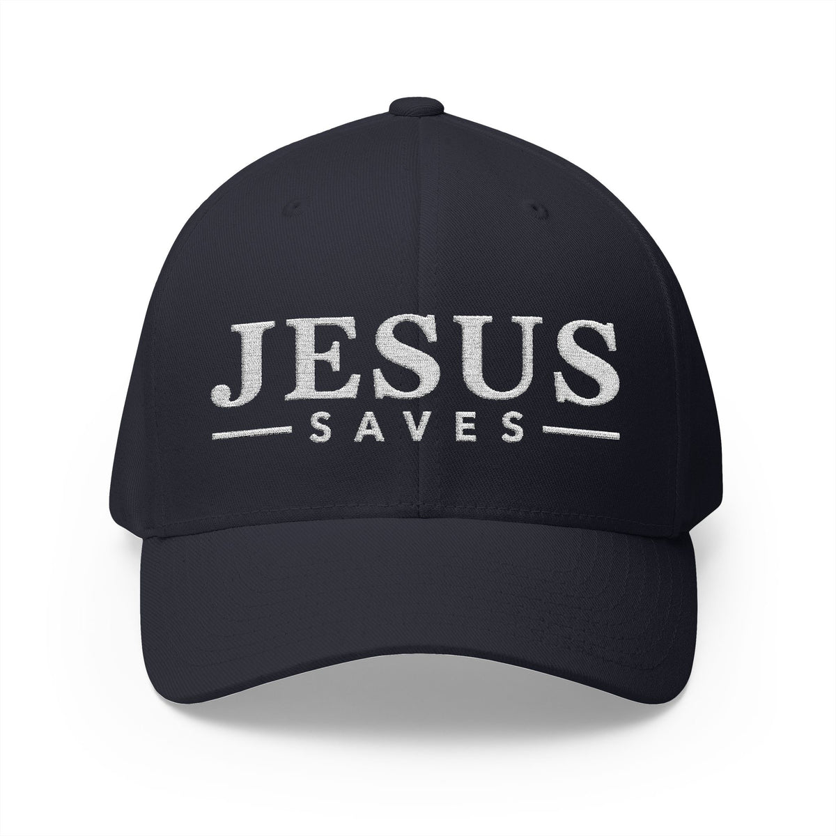 A navy baseball cap with 'JESUS SAVES' embroidered in white across the front, shown on a clean white background.
