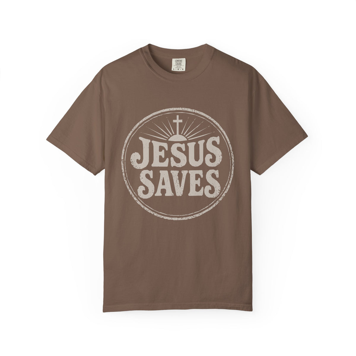 Dark tan Christian T-shirt featuring a vintage “Jesus Saves” design with a cross on a plain white background.