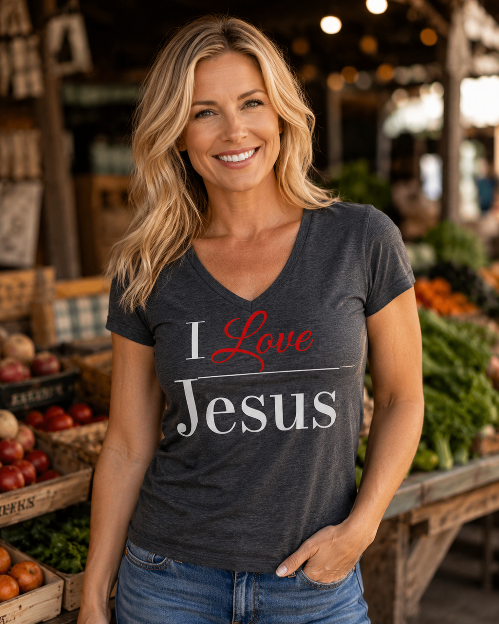 A smiling blonde woman wearing a dark heather gray V-neck t-shirt with the text 'I Love Jesus' printed on the front, standing in a rustic outdoor market with produce displays in the background.