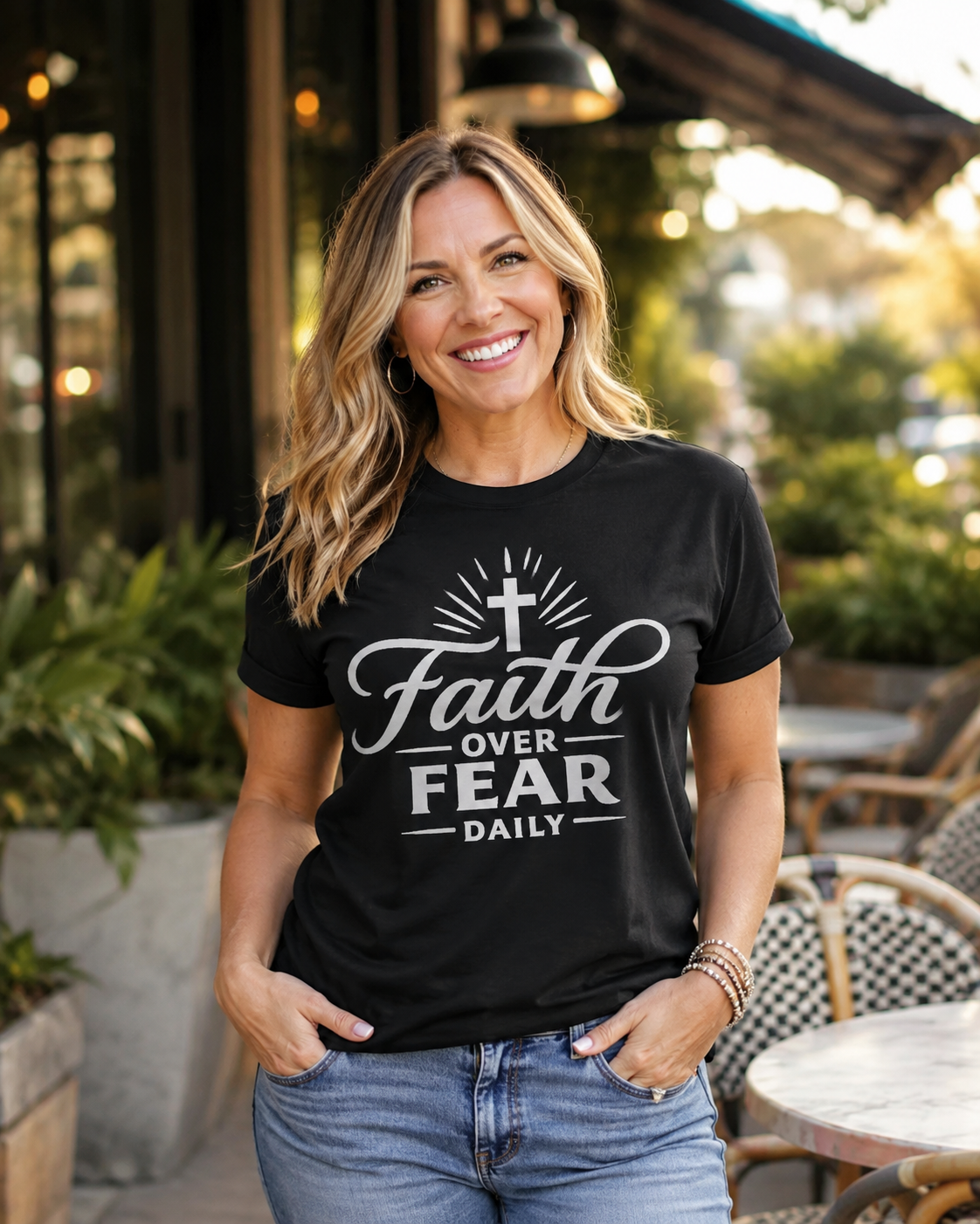 A smiling woman with blonde hair stands outdoors wearing a black graphic t-shirt with the text 'Faith Over Fear Daily' and a white cross design, paired with blue jeans.