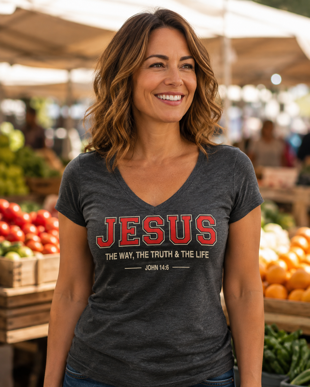Woman wearing dark gray John 14:6 Christian V-neck with Jesus The Way Truth & Life design