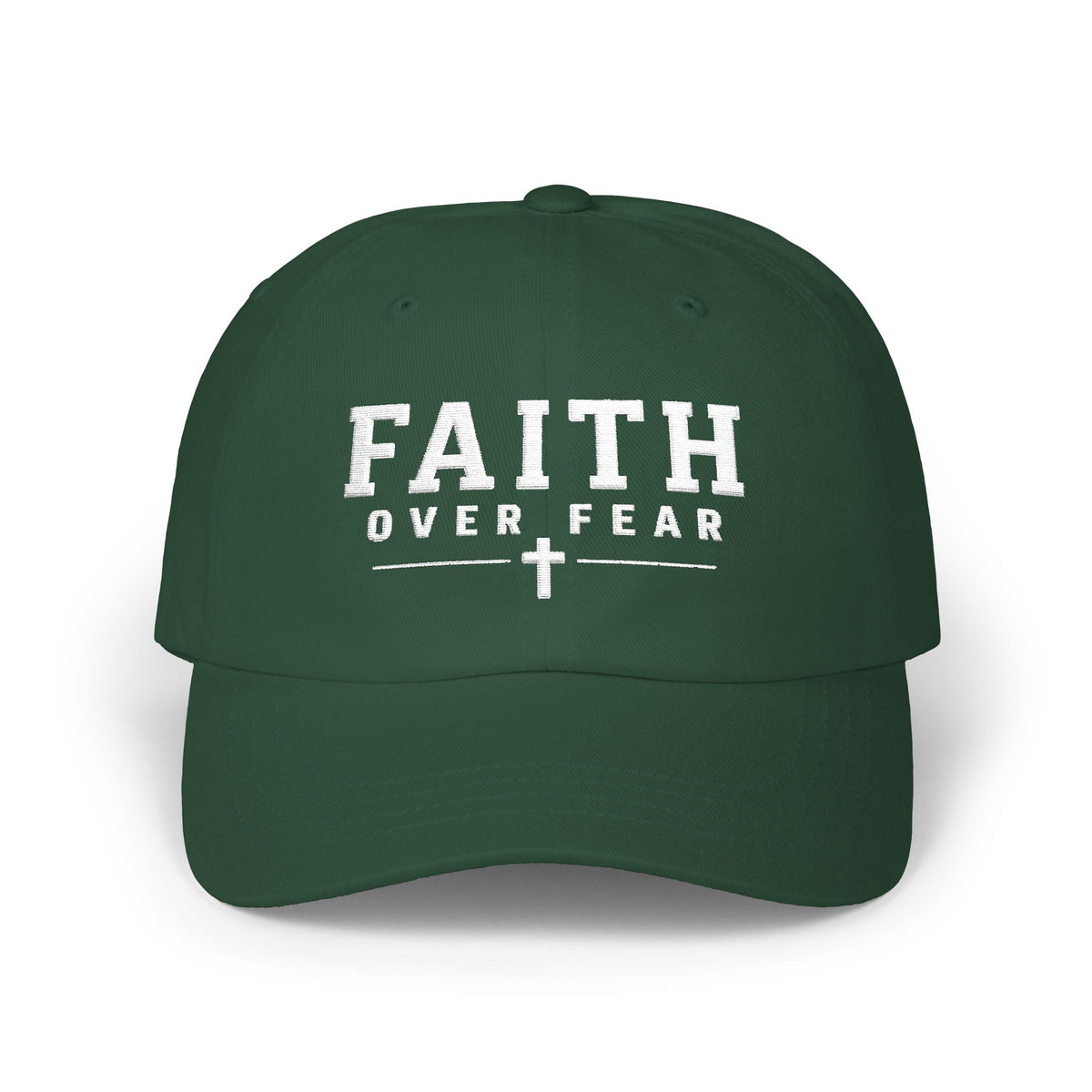 Spruce green Faith Over Fear Christian baseball hat embroidered with a white design and cross on a white background.