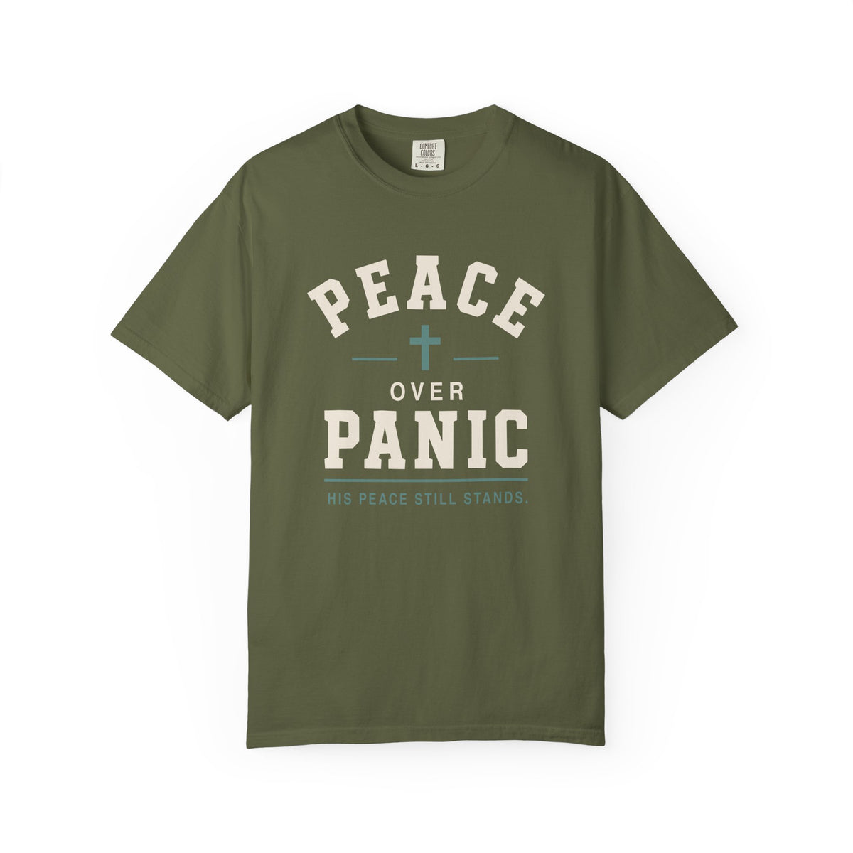 Olive green Christian T-shirt featuring a “Peace Over Panic—His Peace Still Stands” design with a cross on a plain white background.