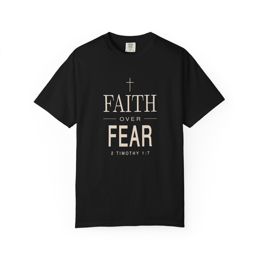 Black Faith Over Fear Christian shirt with cream cross and Scripture typography