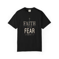 Black Faith Over Fear Christian shirt with cream cross and Scripture typography