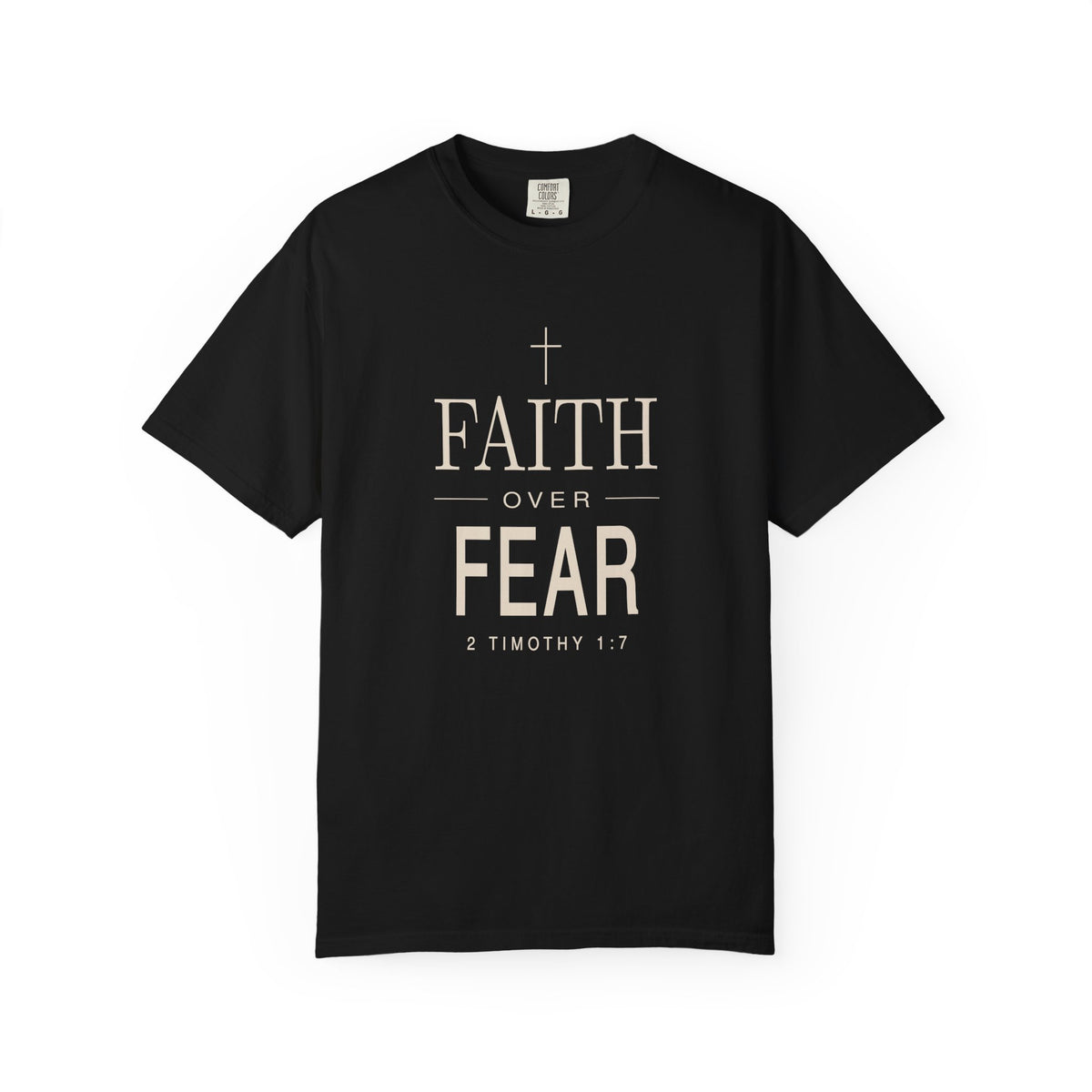 Black Faith Over Fear Christian shirt with cream cross and Scripture typography