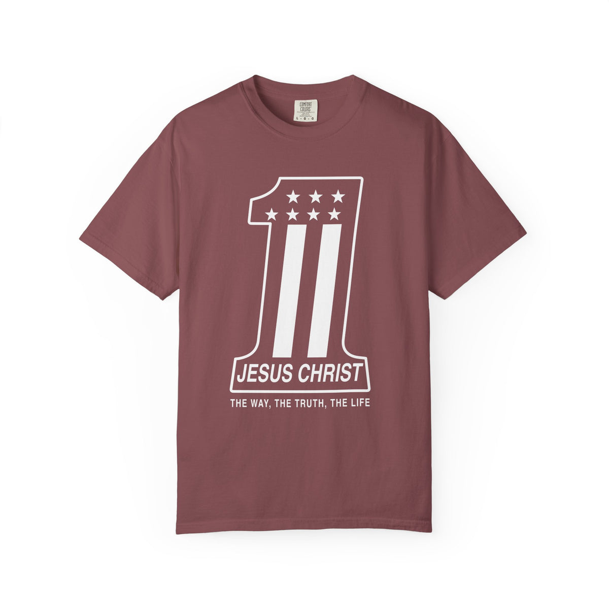 Berry Christian T-shirt featuring a number one Jesus Christ design and “The Way, the Truth, the Life” on a plain white background.