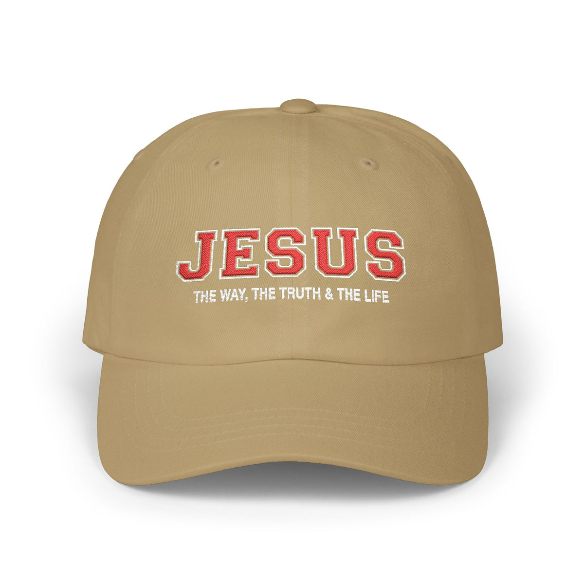 Khaki Jesus Christian baseball hat embroidered with red JESUS lettering and “The Way, The Truth & The Life” on a plain white background