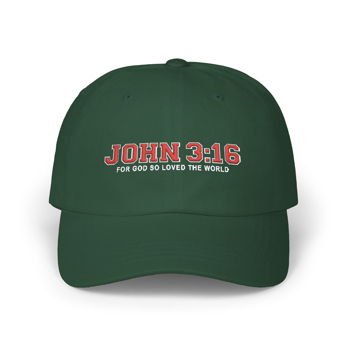 A spruce green baseball cap with 'JOHN 3:16 FOR GOD SO LOVED THE WORLD' embroidered on the front in red and white, shown against a plain white background.