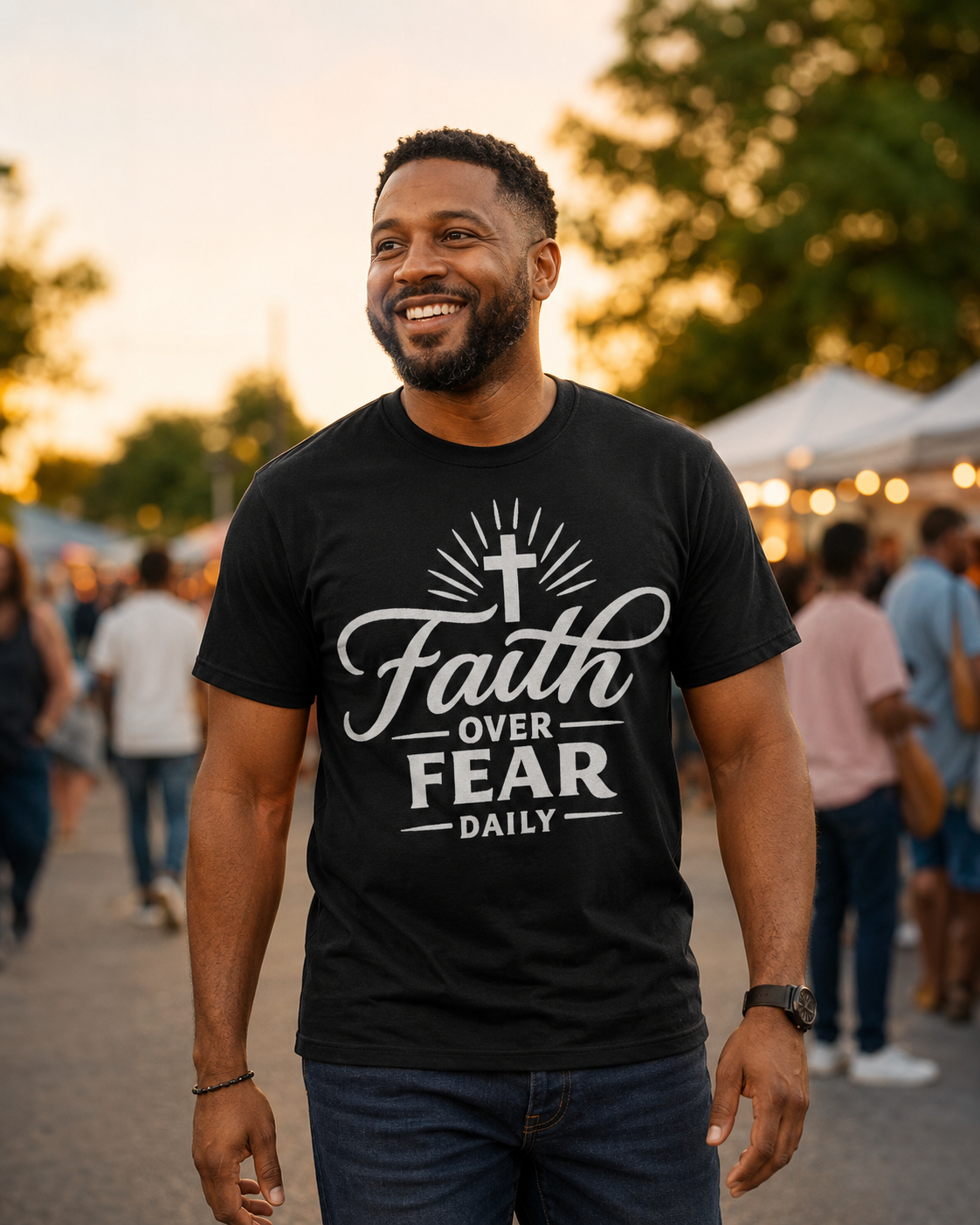 A smiling man wearing a black graphic t-shirt with the white text 'Faith OVER FEAR DAILY' and a cross design, standing in an outdoor market setting at sunset.