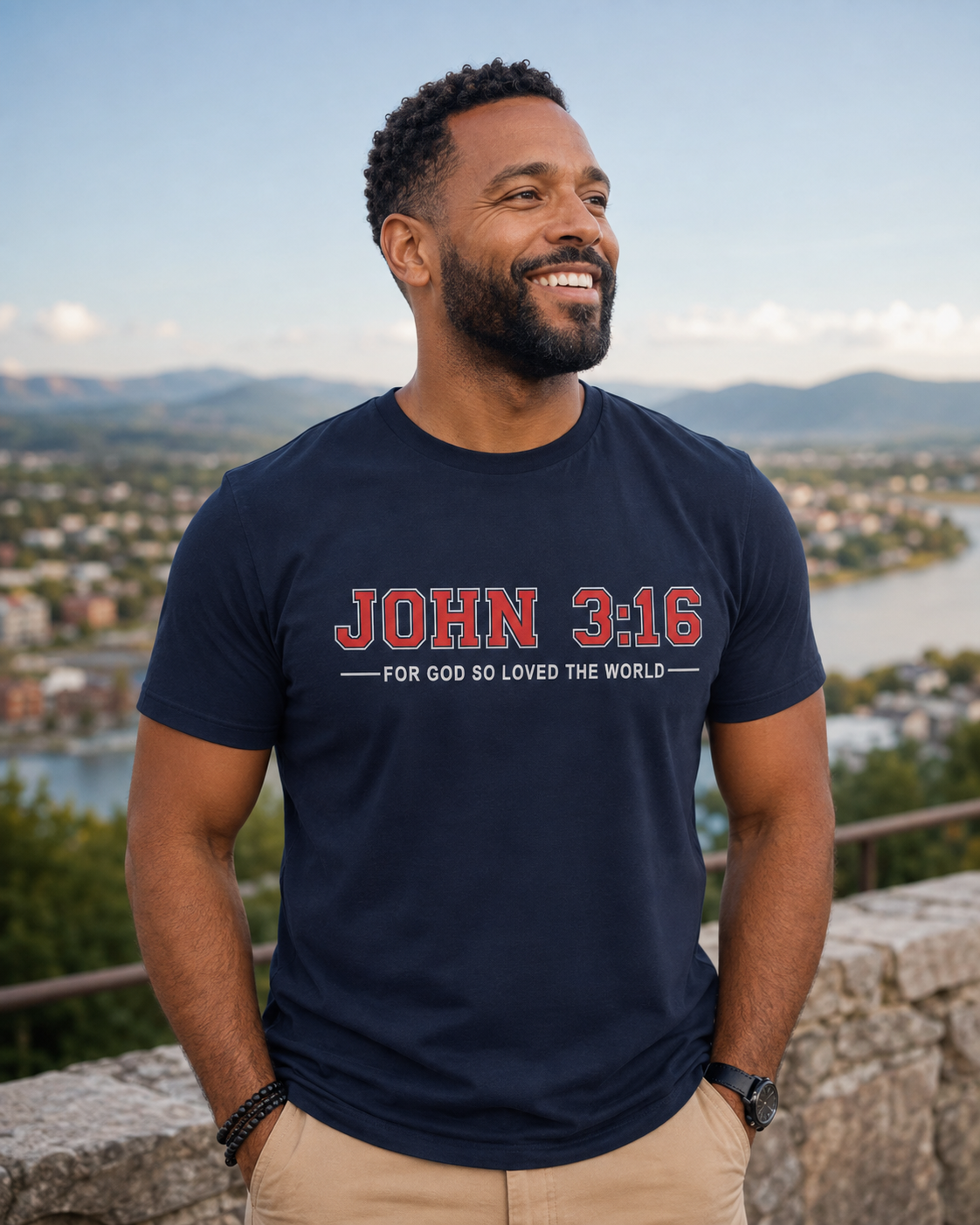 Man wearing navy John 3:16 Christian T-shirt outdoors with mountain view