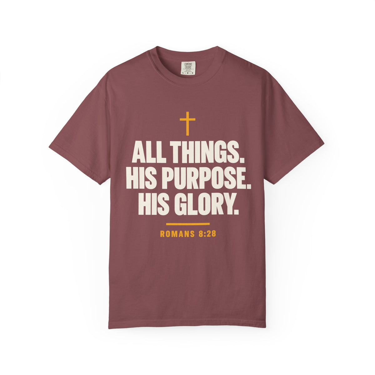 Berry Christian T-shirt featuring “All Things. His Purpose. His Glory.” with a cross and Romans 8:28 on a plain white background.