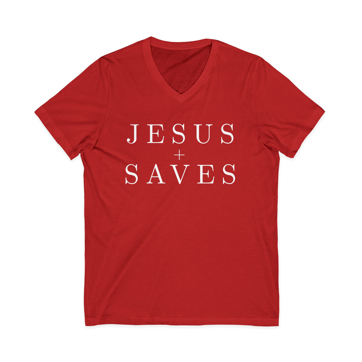 Red V-neck Christian T-shirt featuring a minimalist white “Jesus Saves” design with a cross on a plain white background.