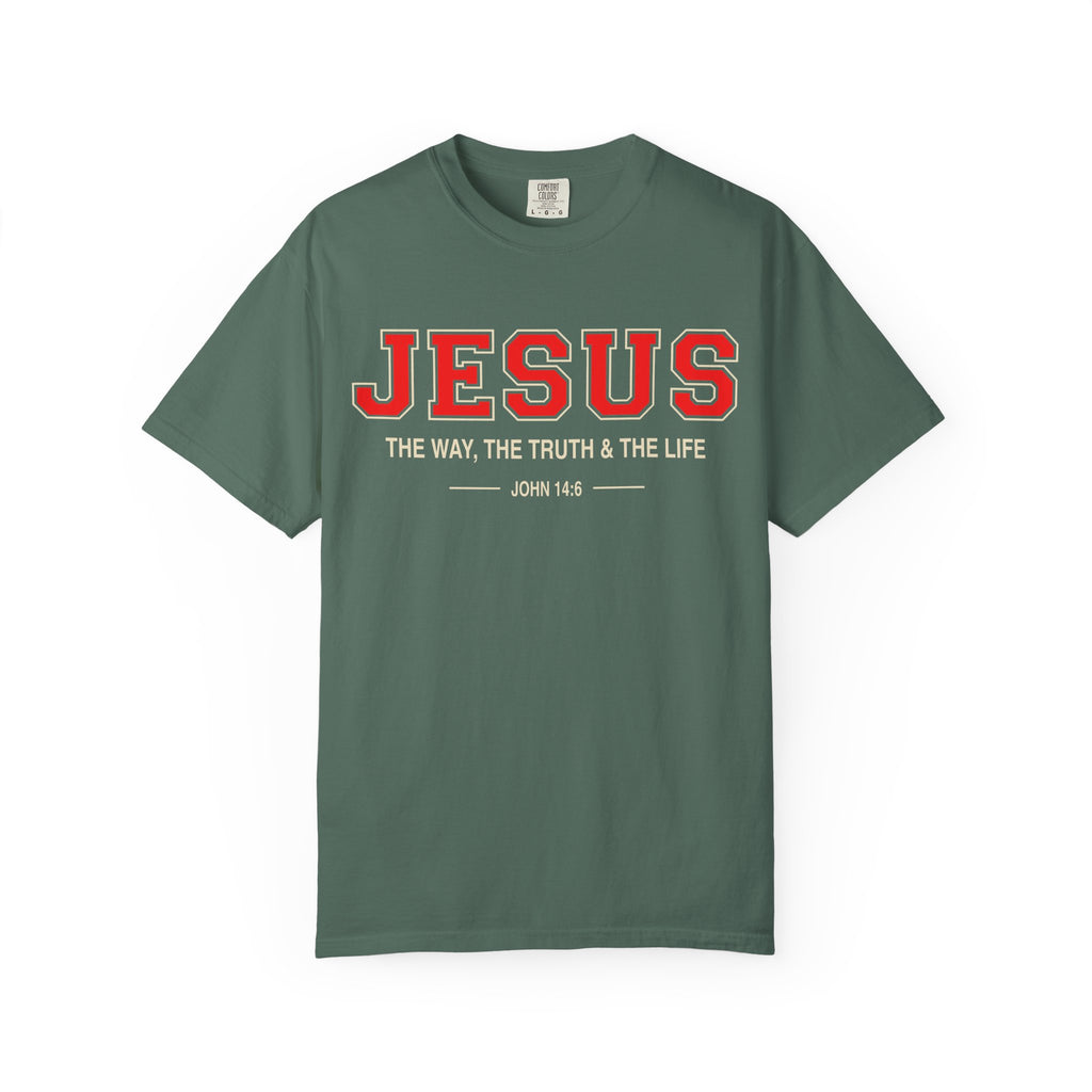 Green The Way The Truth & The Life Christian T-shirt with Jesus typography