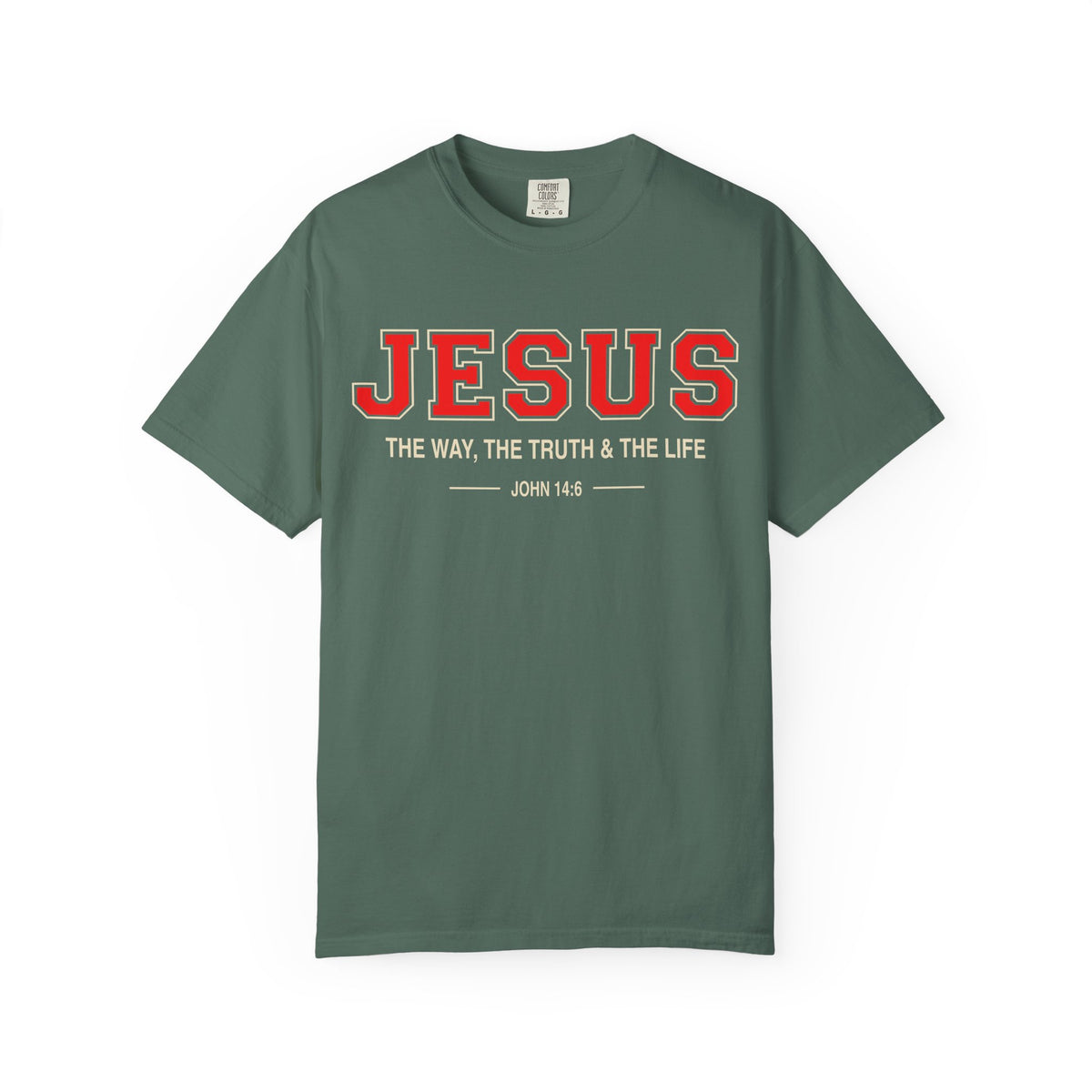 Green The Way The Truth & The Life Christian T-shirt with Jesus typography
