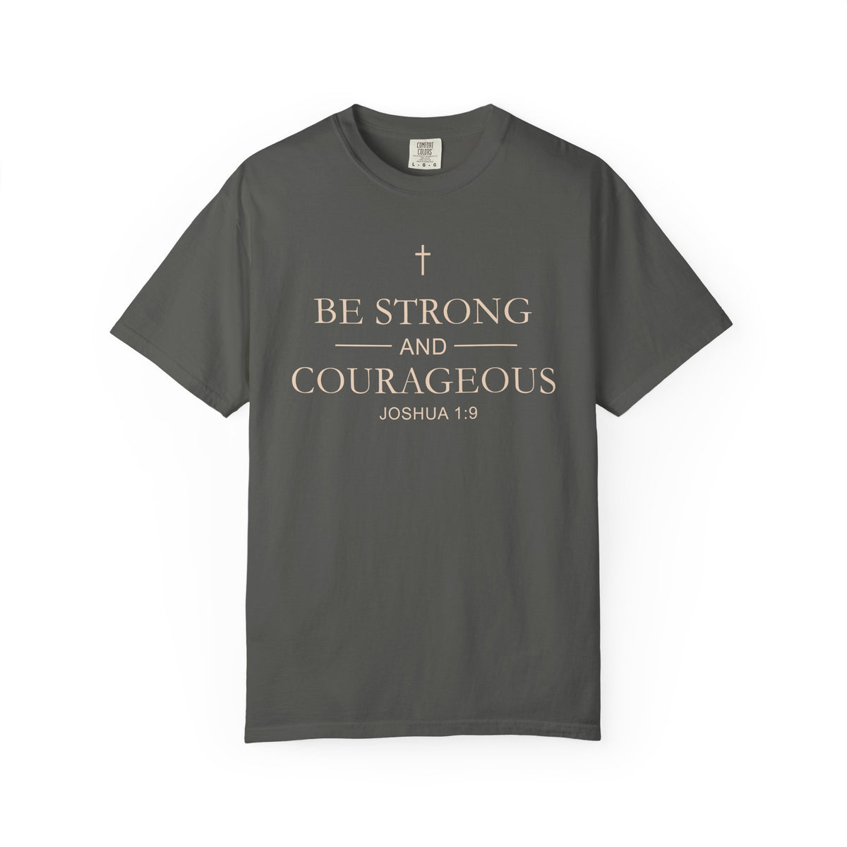 Pepper Be Strong and Courageous Joshua 1:9 Christian T-shirt front view on white background