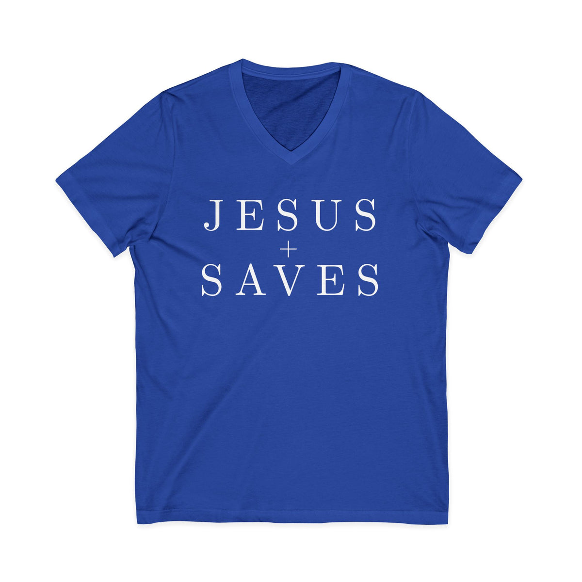Royal blue V-neck Christian T-shirt featuring a minimalist white “Jesus Saves” design with a cross on a plain white background.