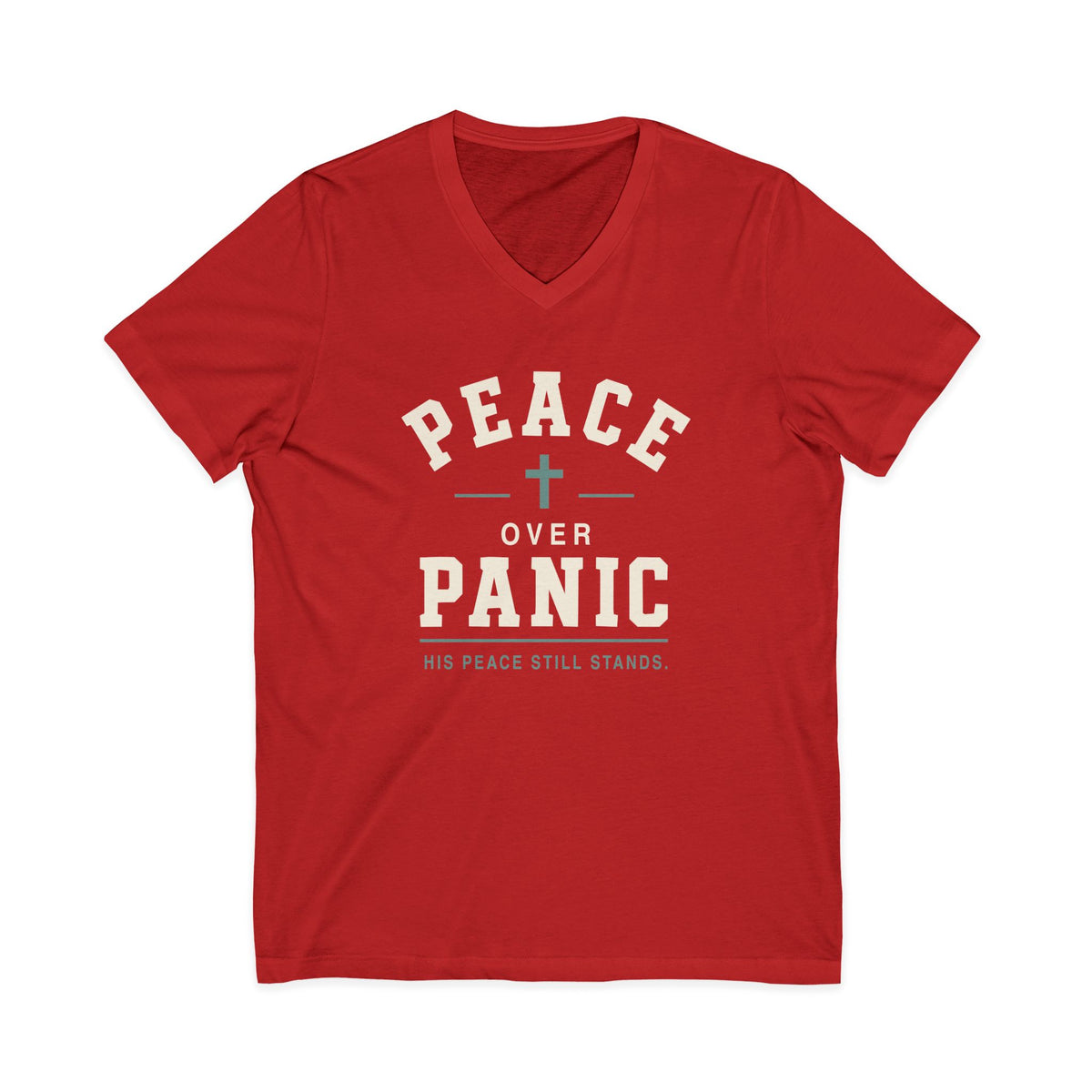 Red V-neck t-shirt with a graphic on the front reading 'PEACE OVER PANIC' and 'HIS PEACE STILL STANDS' with a cross, displayed on a solid white background.