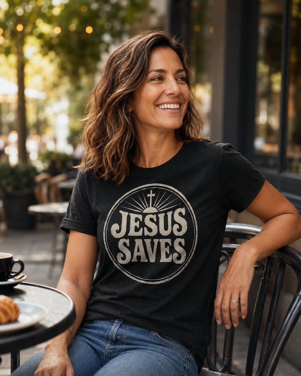 Woman wearing black vintage Jesus Saves T-shirt at an outdoor cafe