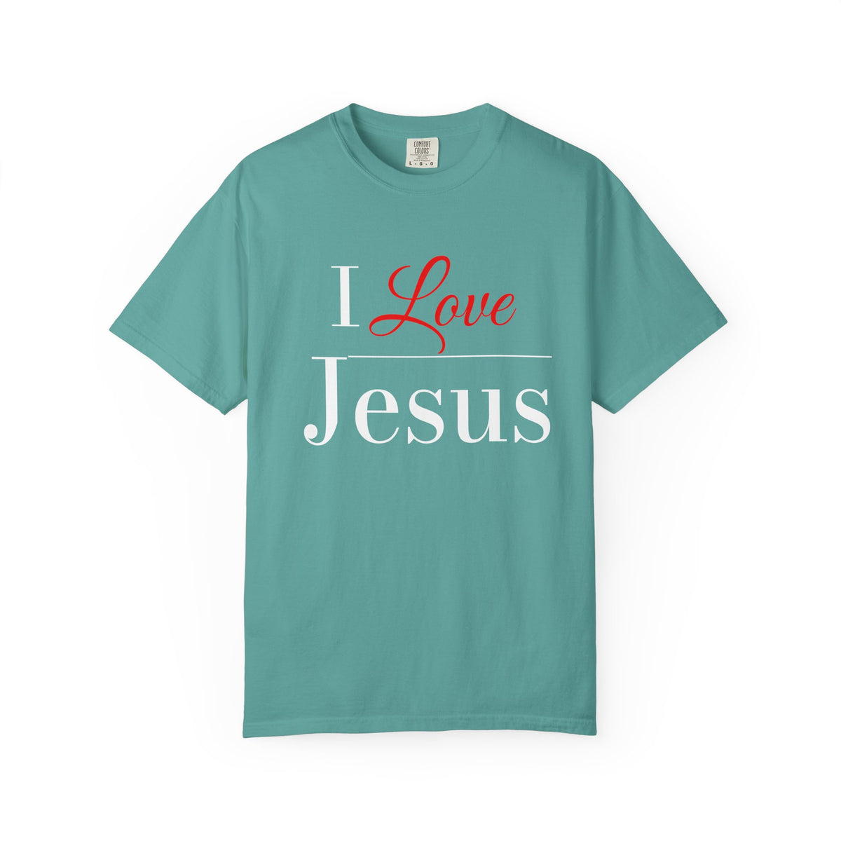 Light teal crewneck t-shirt with a graphic print on the chest reading 'I Love Jesus' in white and red text, displayed flat against a white background.