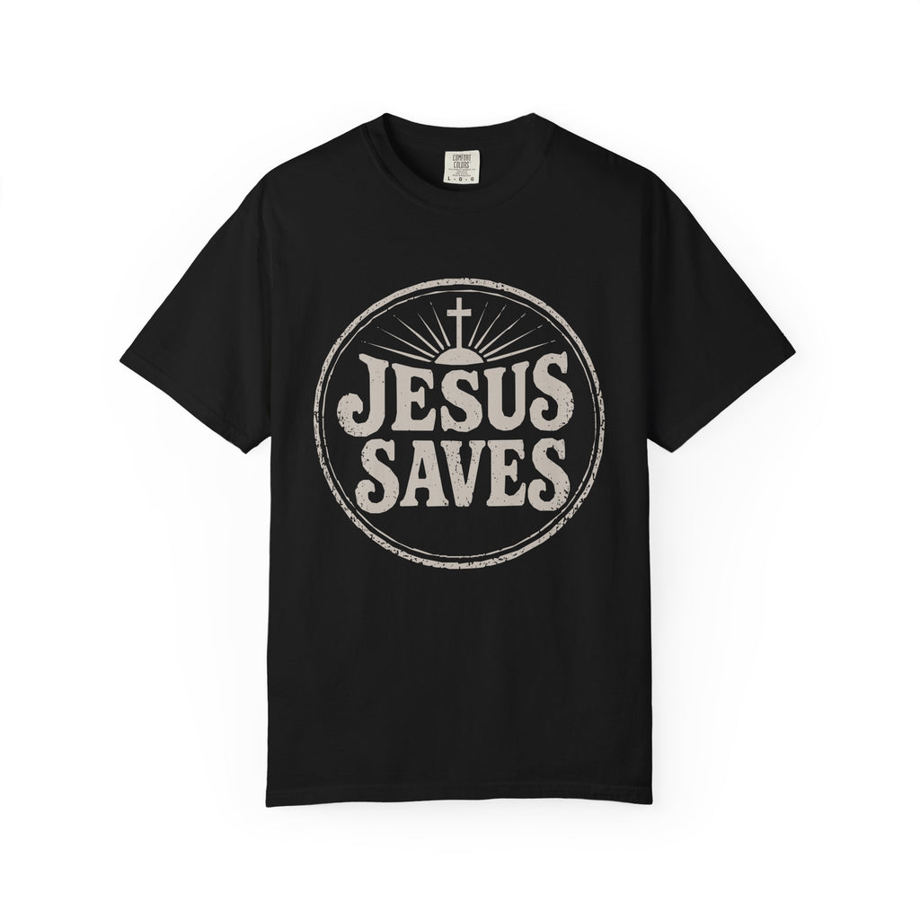 Black vintage Jesus Saves shirt with distressed cross circle design
